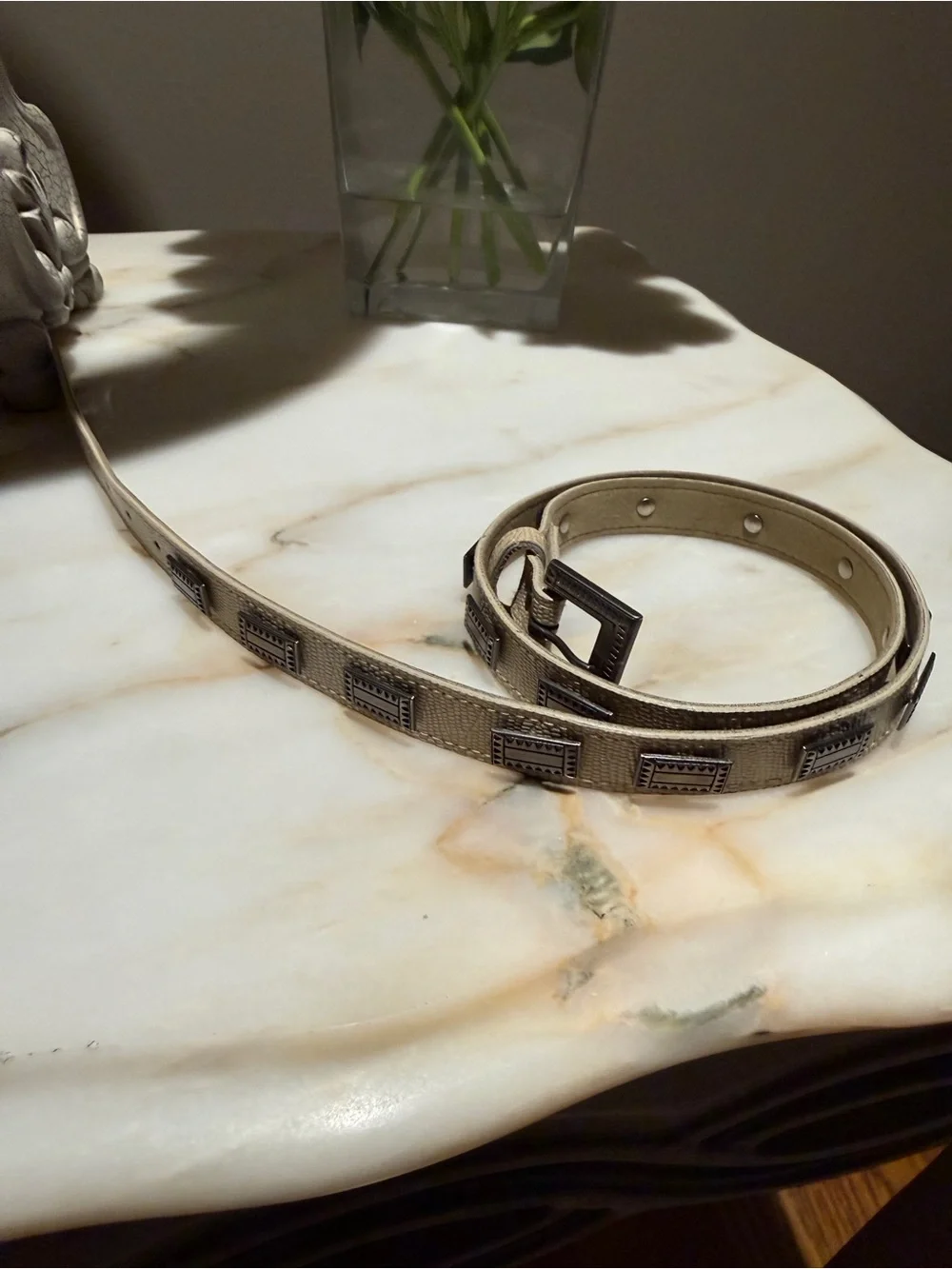 Vintage Cream Faux Lizard Western Concho Belt Silver Tone Buckle 36”